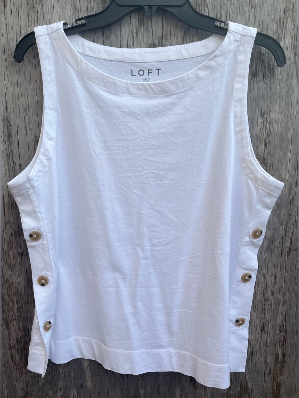 LOFT Women’s White Sleeveless Round Neck Cotton Woven Side Button Tank M
